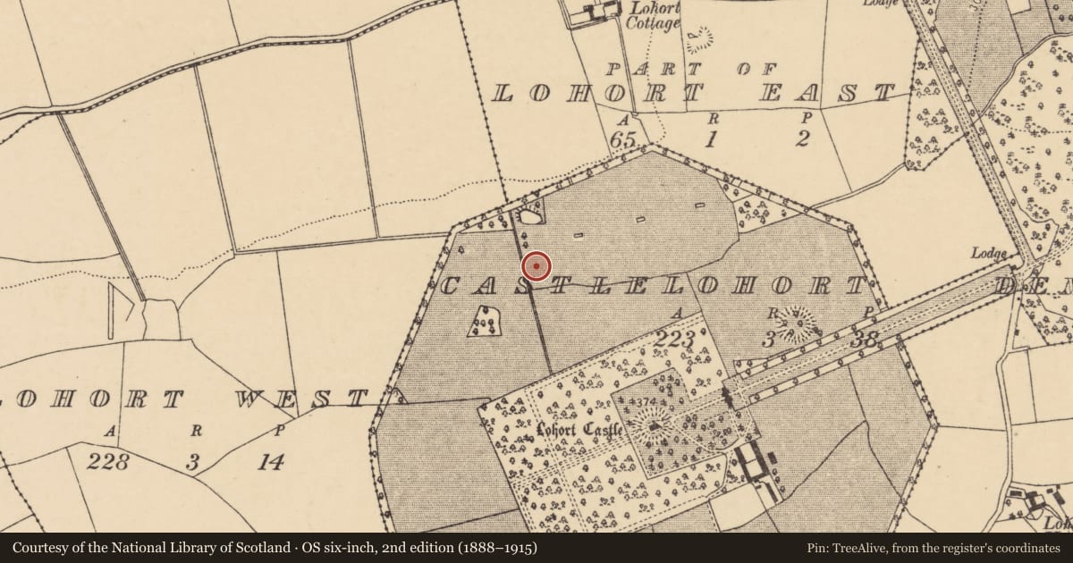 Ordnance Survey six-inch map, 2nd edition (1888–1915) covering the location of Fulacht fia, Castlelohort Demesne, County Cork, with a pin at the register's coordinates