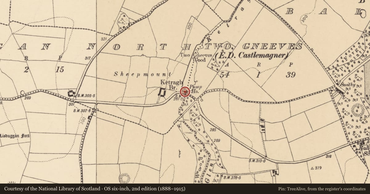 Ordnance Survey six-inch map, 2nd edition (1888–1915) covering the location of Pump-house, Two Gneeves, County Cork, with a pin at the register's coordinates
