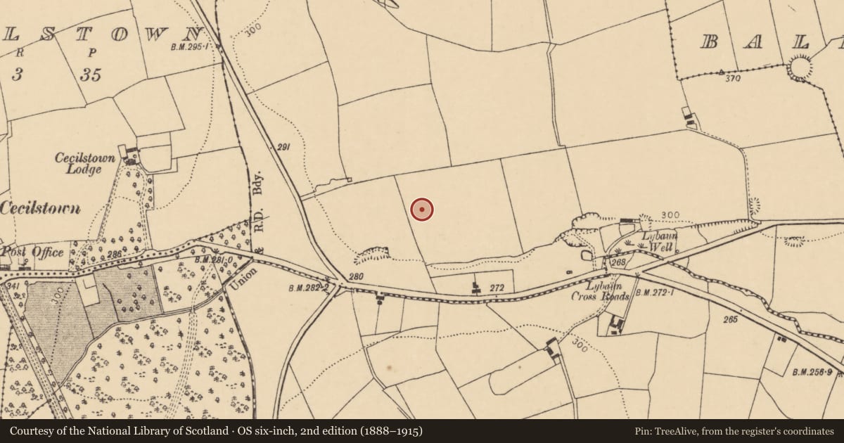 Ordnance Survey six-inch map, 2nd edition (1888–1915) covering the location of Enclosure, Scart (Orrery and Kilmore By., Ballyclogh Par.), County Cork, with a pin at the register's coordinates
