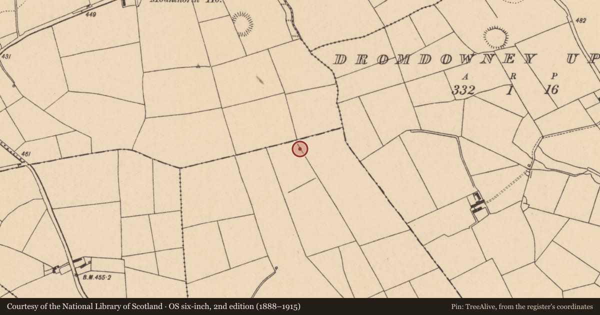 Ordnance Survey six-inch map, 2nd edition (1888–1915) covering the location of Burnt mound, Moanroe, County Cork, with a pin at the register's coordinates