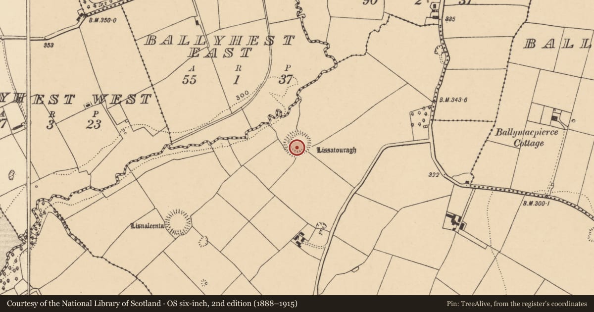 Ordnance Survey six-inch map, 2nd edition (1888–1915) covering the location of Excavation - miscellaneous, Ballyrusheen, County Cork, with a pin at the register's coordinates