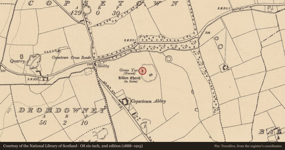 Ordnance Survey six-inch map, 2nd edition (1888–1915) covering the location of Ecclesiastical enclosure, Copsetown, County Cork, with a pin at the register's coordinates