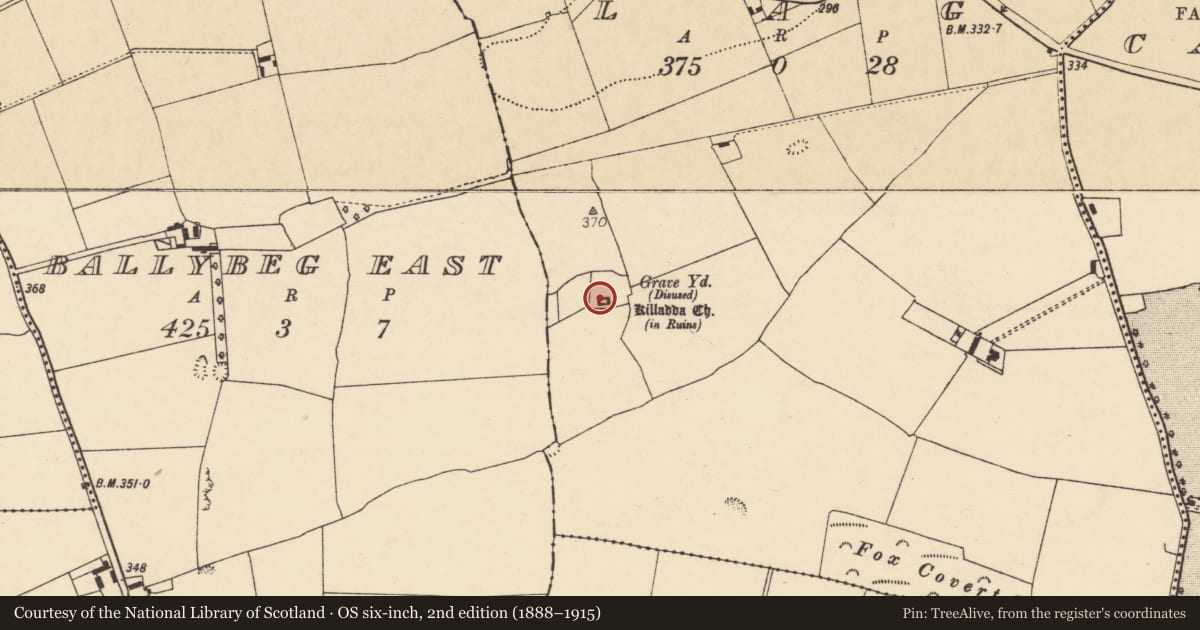 Ordnance Survey six-inch map, 2nd edition (1888–1915) covering the location of Church, Lag, County Cork, with a pin at the register's coordinates