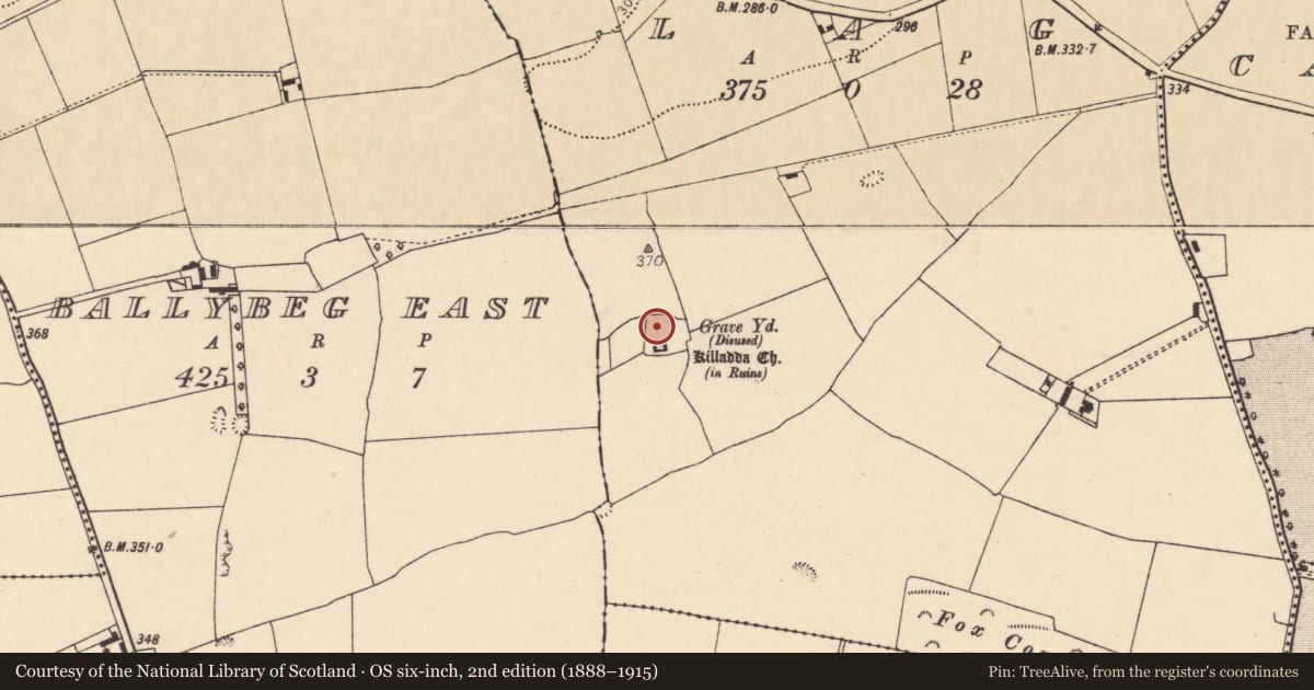 Ordnance Survey six-inch map, 2nd edition (1888–1915) covering the location of Ecclesiastical enclosure, Lag, County Cork, with a pin at the register's coordinates