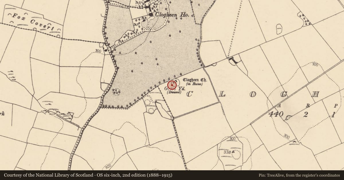 Ordnance Survey six-inch map, 2nd edition (1888–1915) covering the location of Graveyard, Clogheen, County Cork, with a pin at the register's coordinates