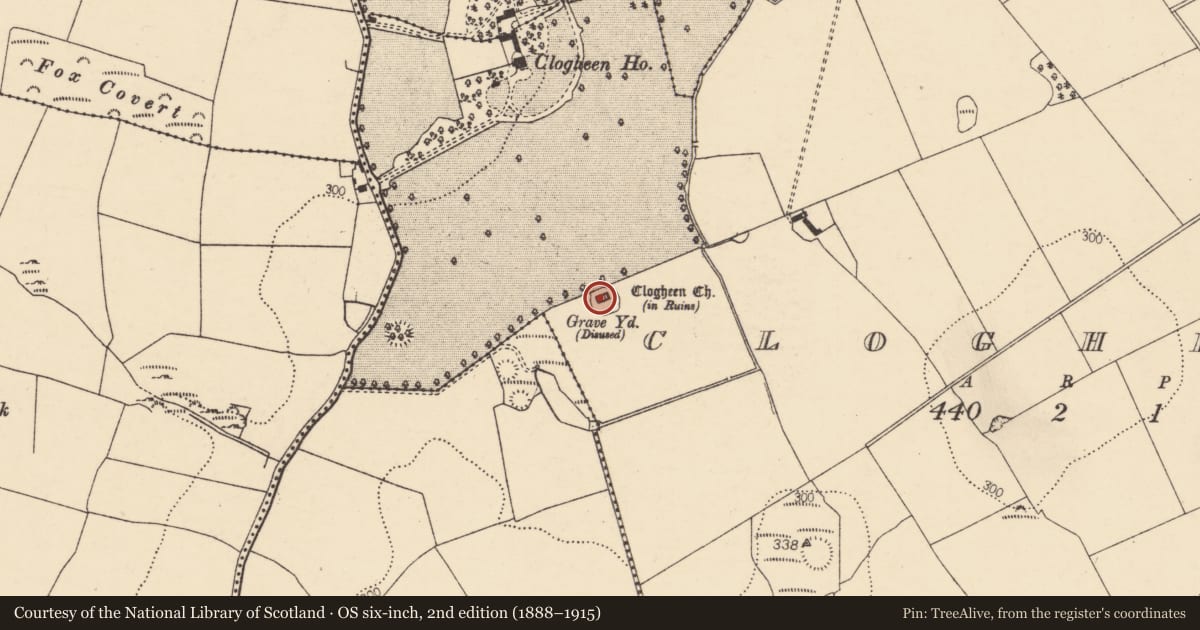 Ordnance Survey six-inch map, 2nd edition (1888–1915) covering the location of Church, Clogheen, County Cork, with a pin at the register's coordinates