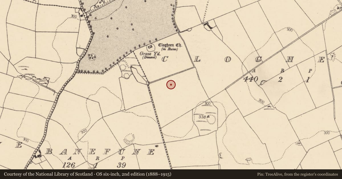Ordnance Survey six-inch map, 2nd edition (1888–1915) covering the location of Quarry, Clogheen, County Cork, with a pin at the register's coordinates