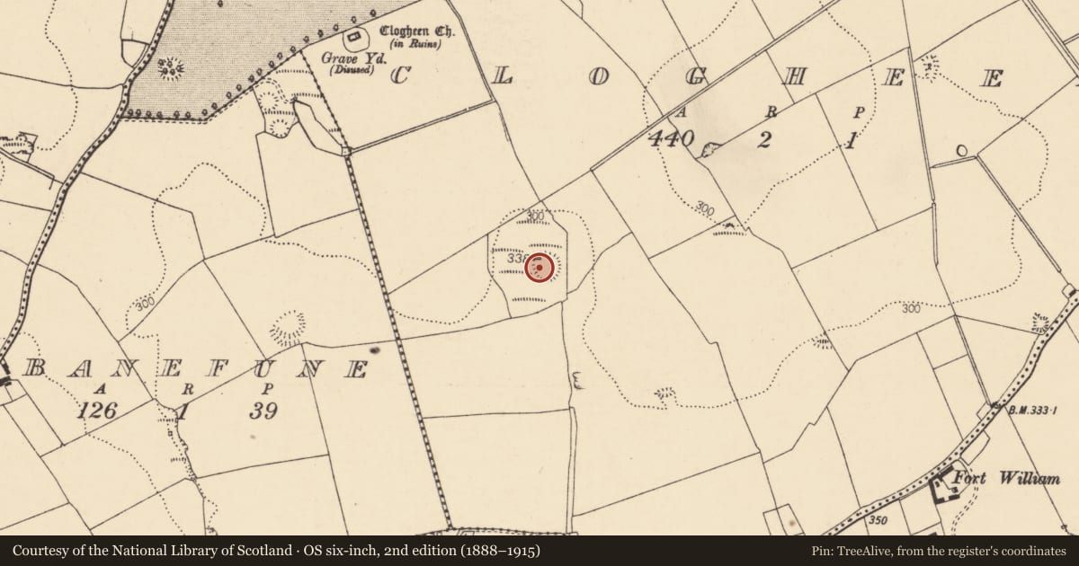 Ordnance Survey six-inch map, 2nd edition (1888–1915) covering the location of Ringfort - rath, Clogheen, County Cork, with a pin at the register's coordinates