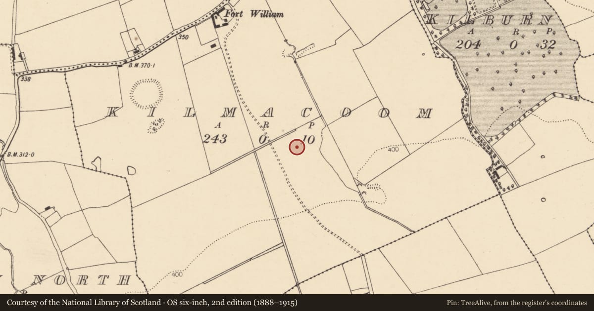 Ordnance Survey six-inch map, 2nd edition (1888–1915) covering the location of Enclosure, Kilmacoom, County Cork, with a pin at the register's coordinates