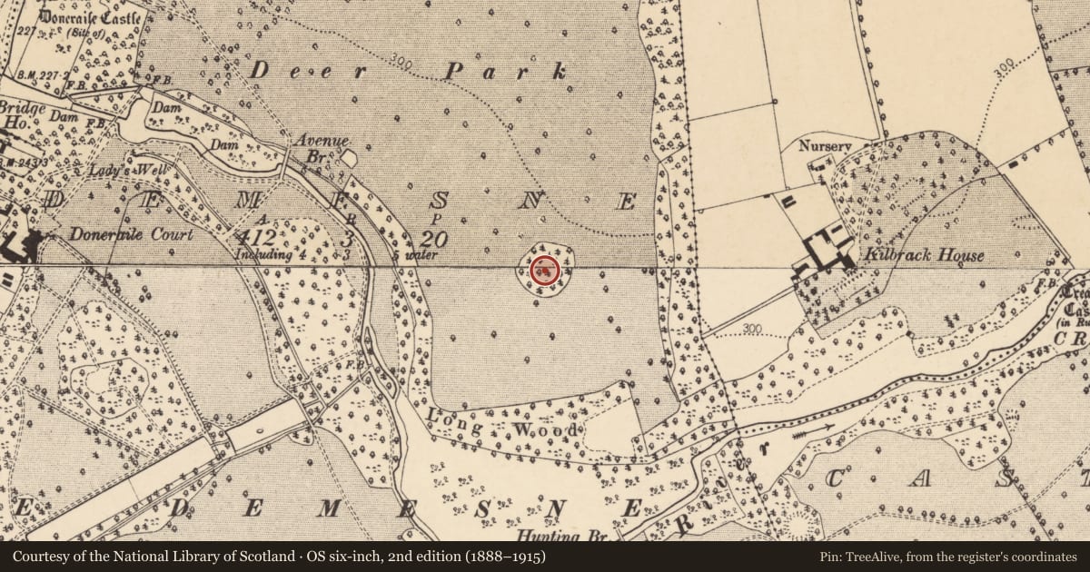 Ordnance Survey six-inch map, 2nd edition (1888–1915) covering the location of Designed landscape - tree-ring, Demesne, County Cork, with a pin at the register's coordinates