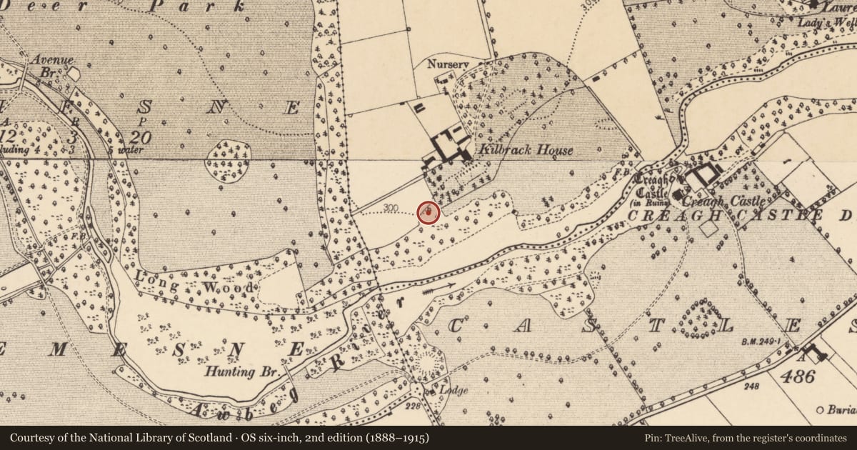 Ordnance Survey six-inch map, 2nd edition (1888–1915) covering the location of Church, Kilbrack, County Cork, with a pin at the register's coordinates