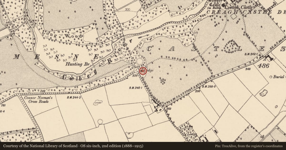 Ordnance Survey six-inch map, 2nd edition (1888–1915) covering the location of Gate lodge, Castlesaffron, County Cork, with a pin at the register's coordinates