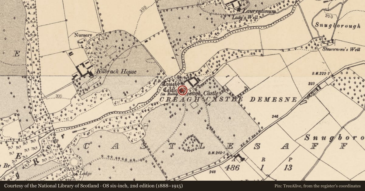 Ordnance Survey six-inch map, 2nd edition (1888–1915) covering the location of Country house, Castlesaffron, County Cork, with a pin at the register's coordinates