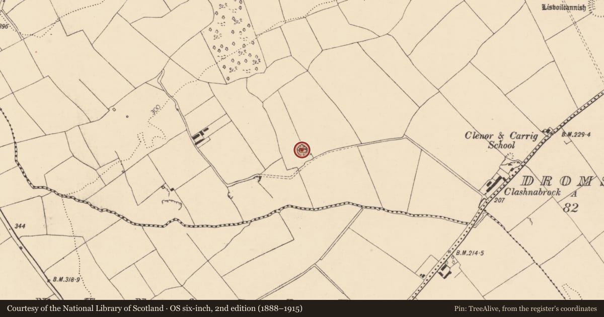 Ordnance Survey six-inch map, 2nd edition (1888–1915) covering the location of Quarry, Cooldurragha (Fermoy By., Carrigleamleary Par.), County Cork, with a pin at the register's coordinates