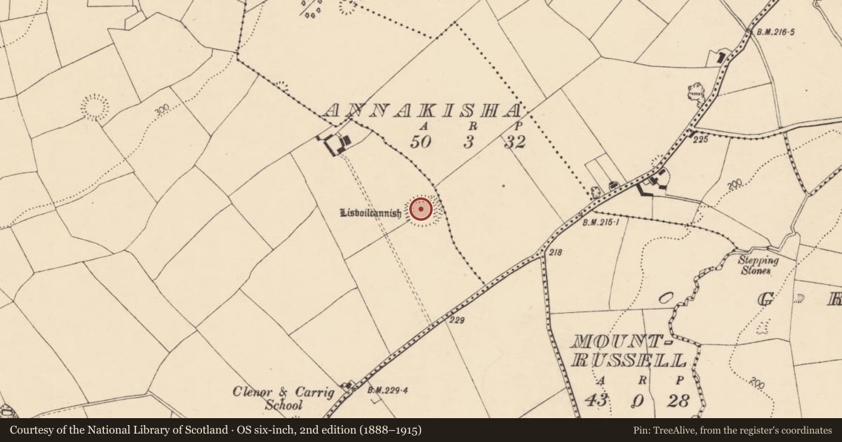 Ordnance Survey six-inch map, 2nd edition (1888–1915) covering the location of Ringfort - rath, Cooldurragha (Fermoy By., Carrigleamleary Par.), County Cork, with a pin at the register's coordinates