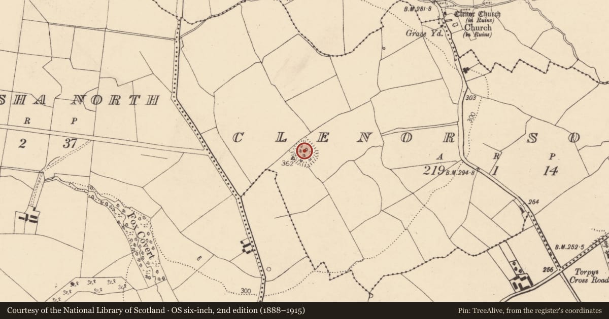 Ordnance Survey six-inch map, 2nd edition (1888–1915) covering the location of Ringfort - rath, Clenor South, County Cork, with a pin at the register's coordinates