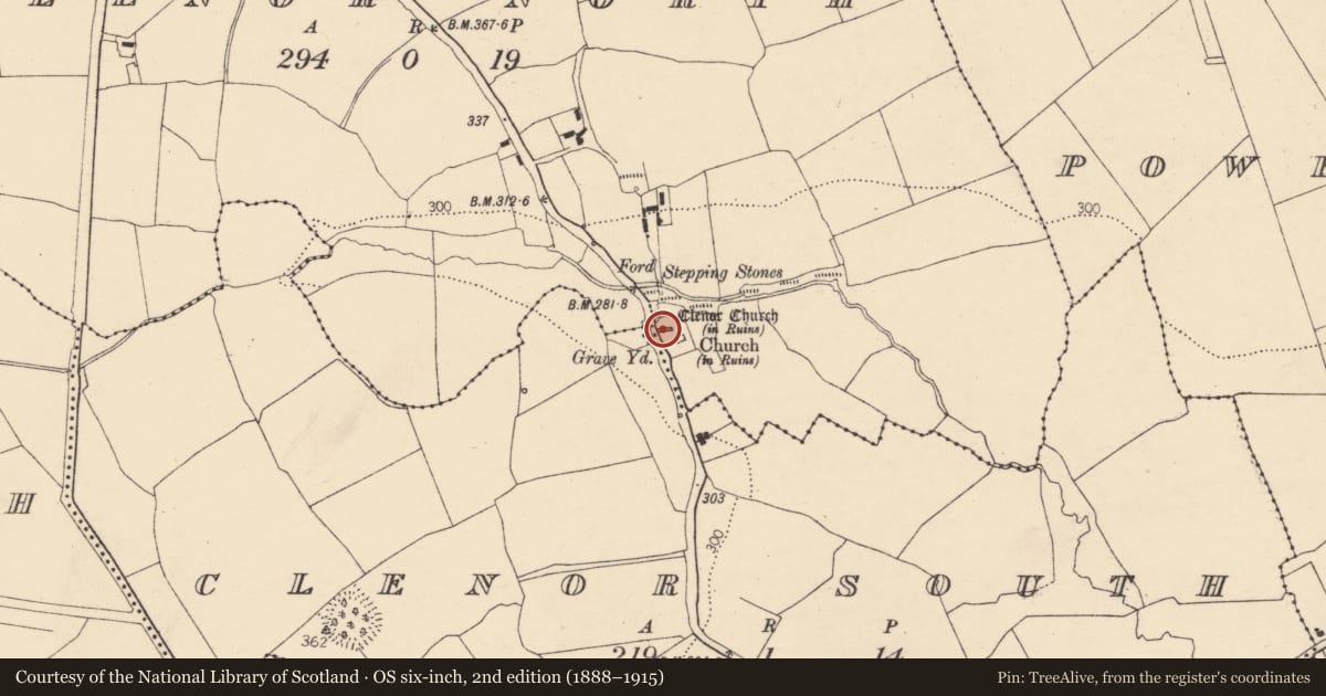 Ordnance Survey six-inch map, 2nd edition (1888–1915) covering the location of Church, Clenor North, County Cork, with a pin at the register's coordinates