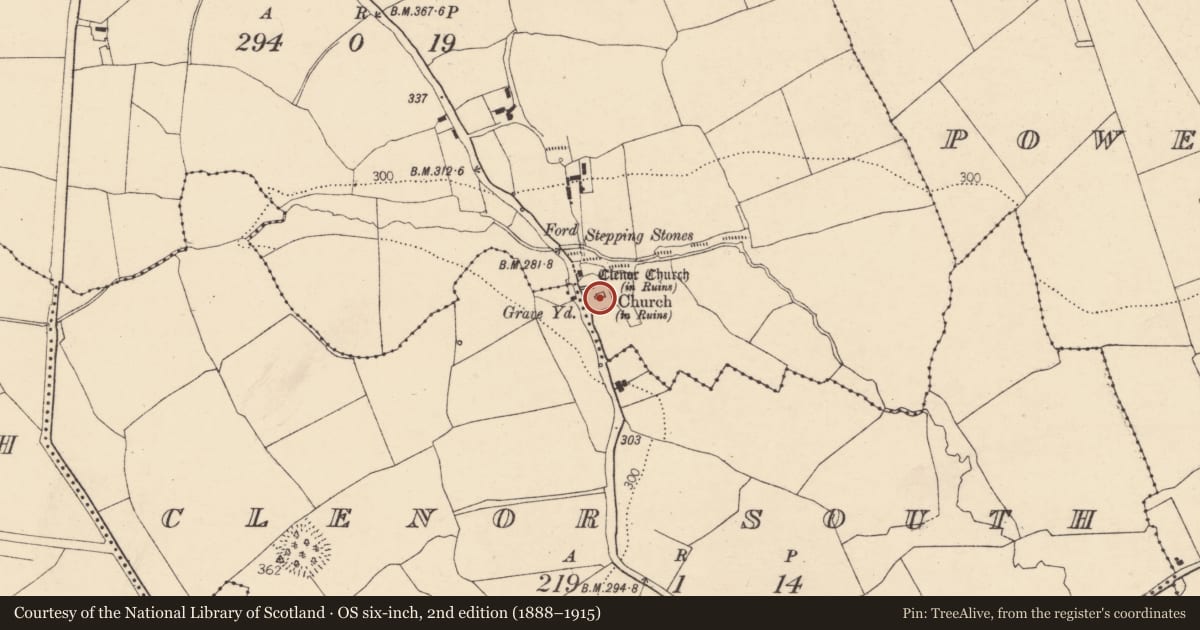 Ordnance Survey six-inch map, 2nd edition (1888–1915) covering the location of Church, Clenor North, County Cork, with a pin at the register's coordinates