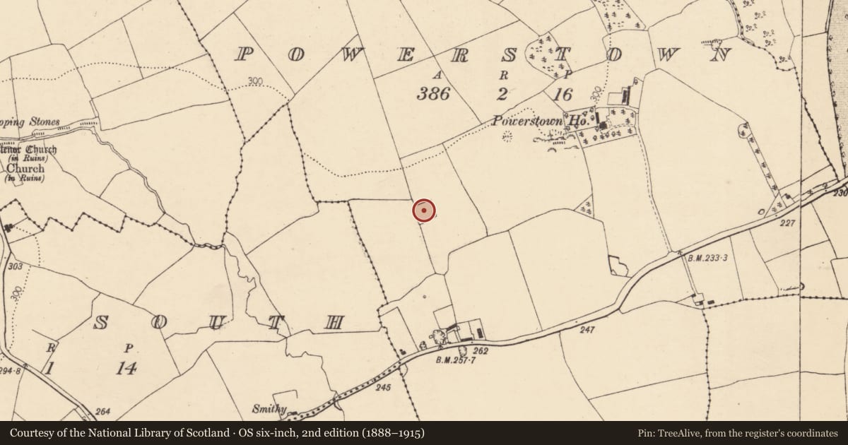 Ordnance Survey six-inch map, 2nd edition (1888–1915) covering the location of Moated site, Powerstown, County Cork, with a pin at the register's coordinates