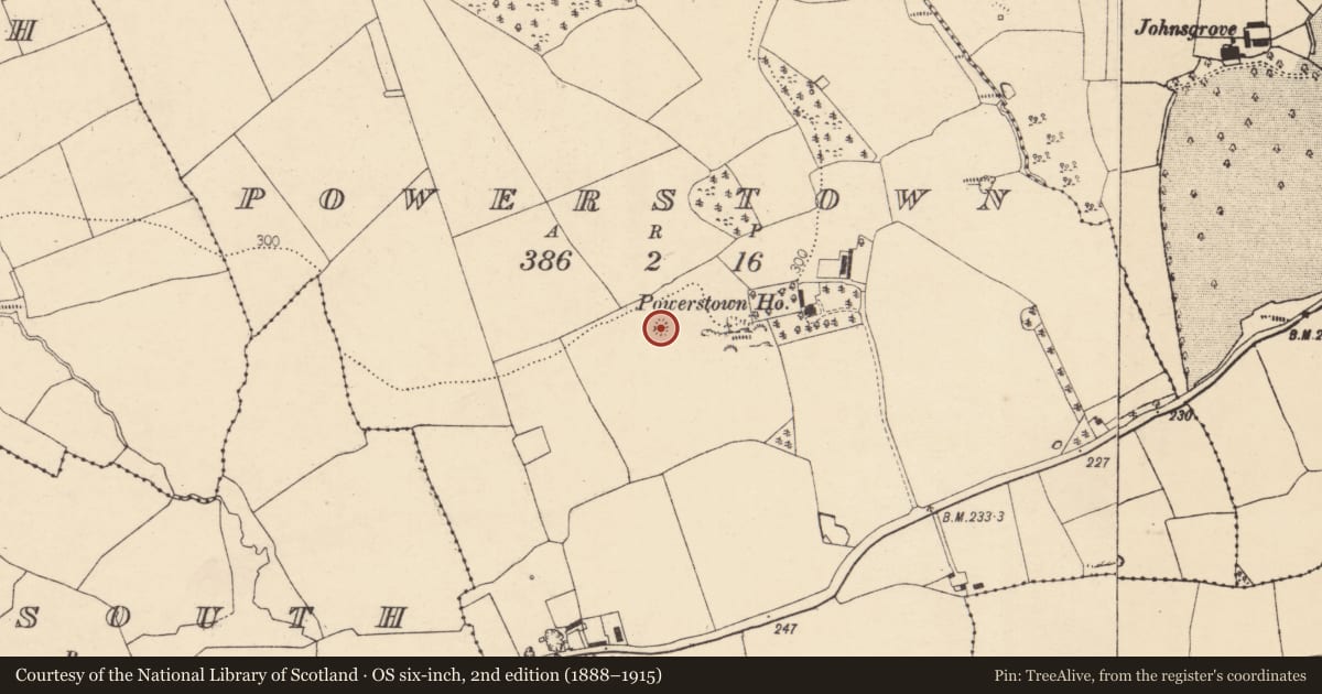 Ordnance Survey six-inch map, 2nd edition (1888–1915) covering the location of Fulacht fia, Powerstown, County Cork, with a pin at the register's coordinates