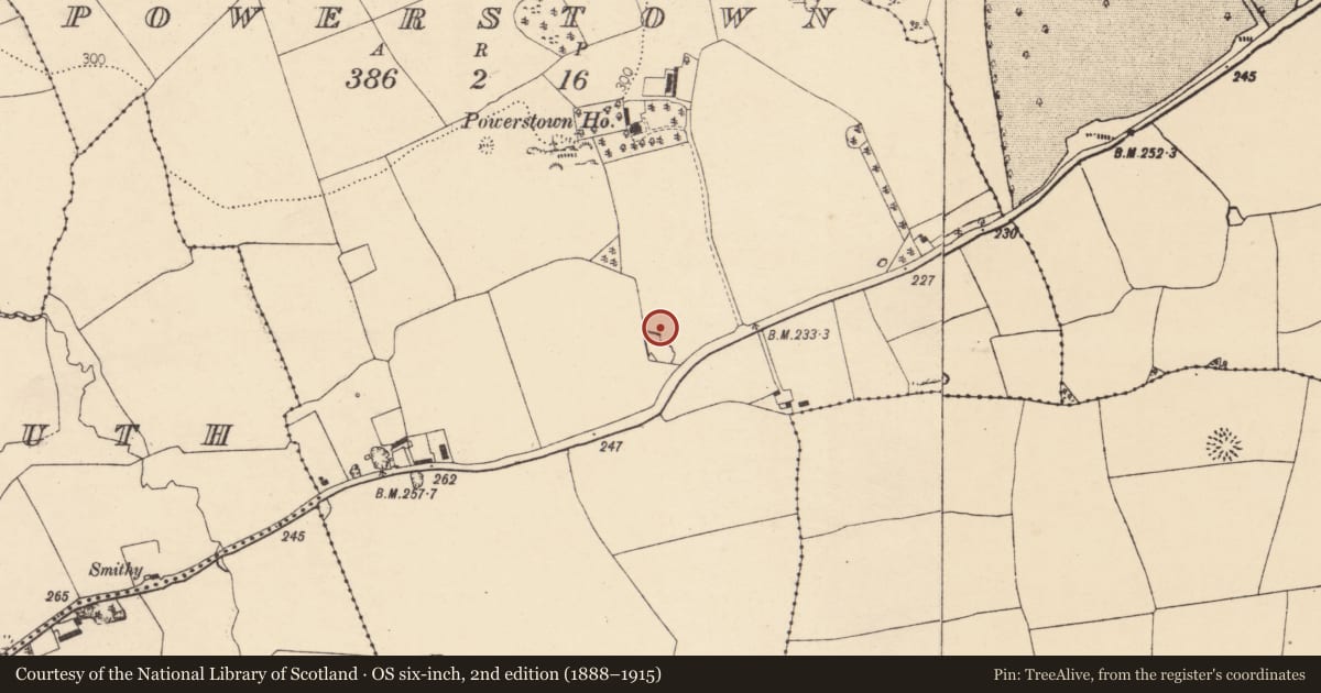 Ordnance Survey six-inch map, 2nd edition (1888–1915) covering the location of Fulacht fia, Powerstown, County Cork, with a pin at the register's coordinates
