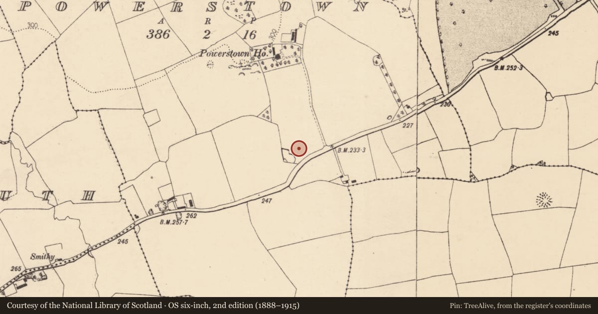 Ordnance Survey six-inch map, 2nd edition (1888–1915) covering the location of Enclosure, Powerstown, County Cork, with a pin at the register's coordinates