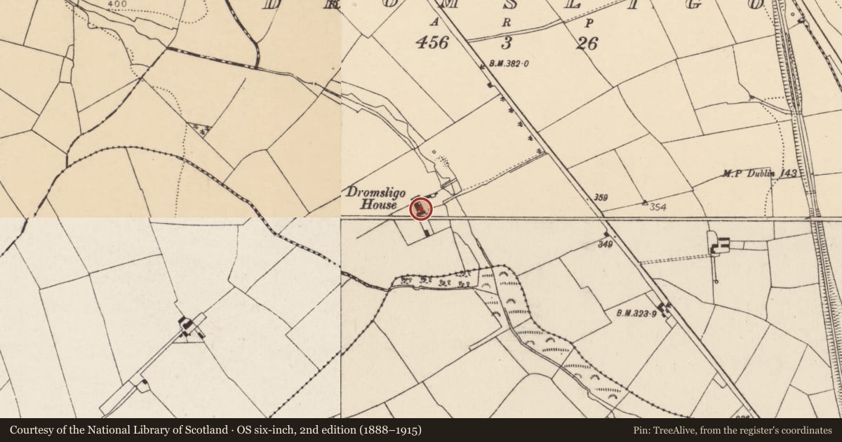 Ordnance Survey six-inch map, 2nd edition (1888–1915) covering the location of Country house, Dromsligo, County Cork, with a pin at the register's coordinates