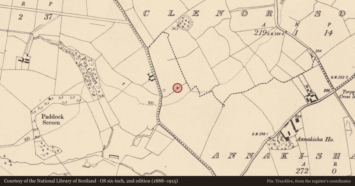 Ordnance Survey six-inch map, 2nd edition (1888–1915) covering the location of Enclosure, Annakisha South, County Cork, with a pin at the register's coordinates