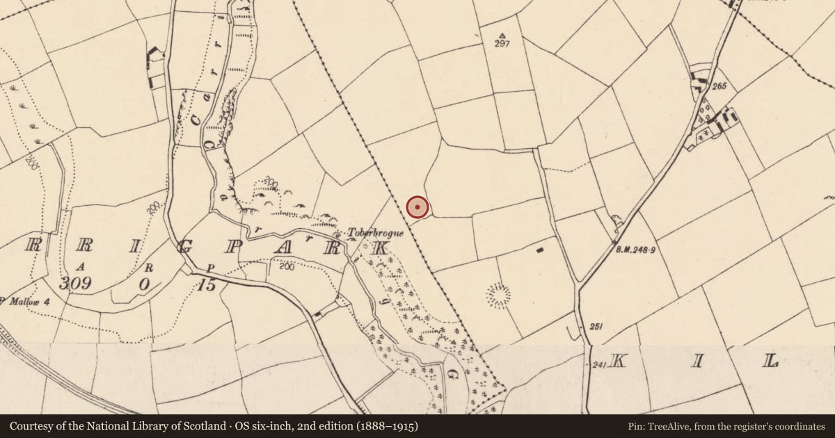 Ordnance Survey six-inch map, 2nd edition (1888–1915) covering the location of Enclosure, Kilcanway, County Cork, with a pin at the register's coordinates