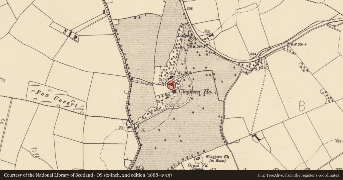 Ordnance Survey six-inch map, 2nd edition (1888–1915) covering the location of Country house, Clogheen, County Cork, with a pin at the register's coordinates