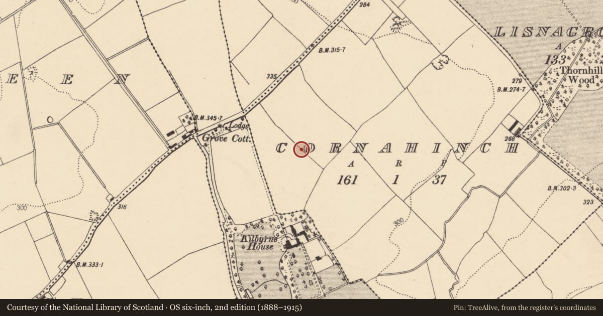 Ordnance Survey six-inch map, 2nd edition (1888–1915) covering the location of Enclosure, Cornahinch, County Cork, with a pin at the register's coordinates