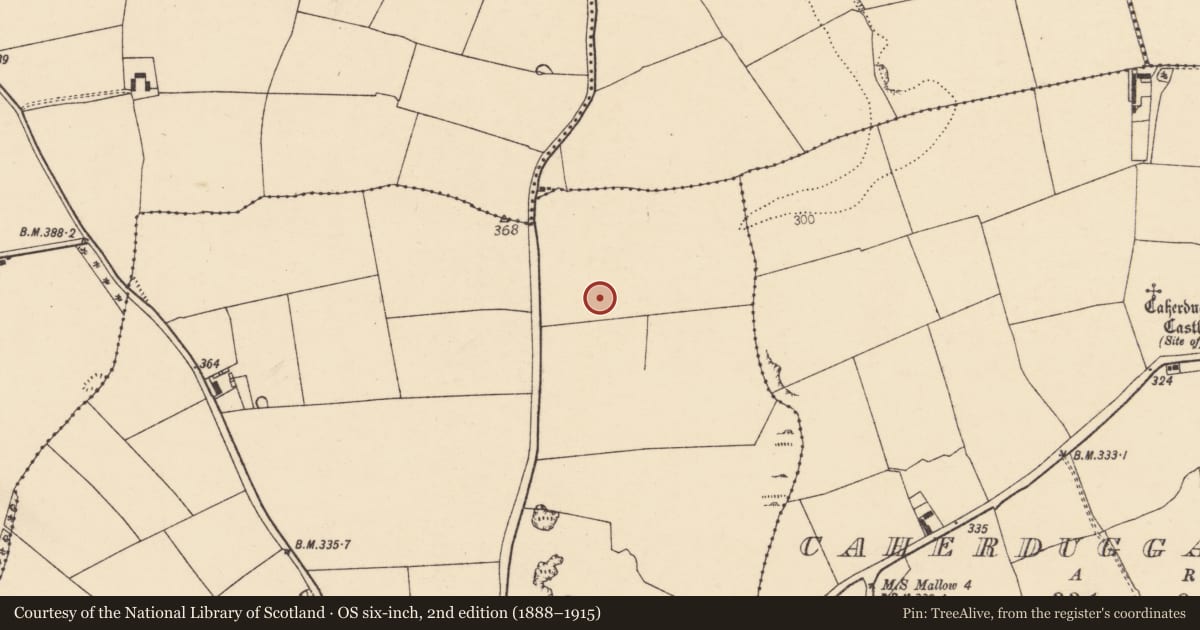 Ordnance Survey six-inch map, 2nd edition (1888–1915) covering the location of Enclosure, Two-Pot-House, County Cork, with a pin at the register's coordinates