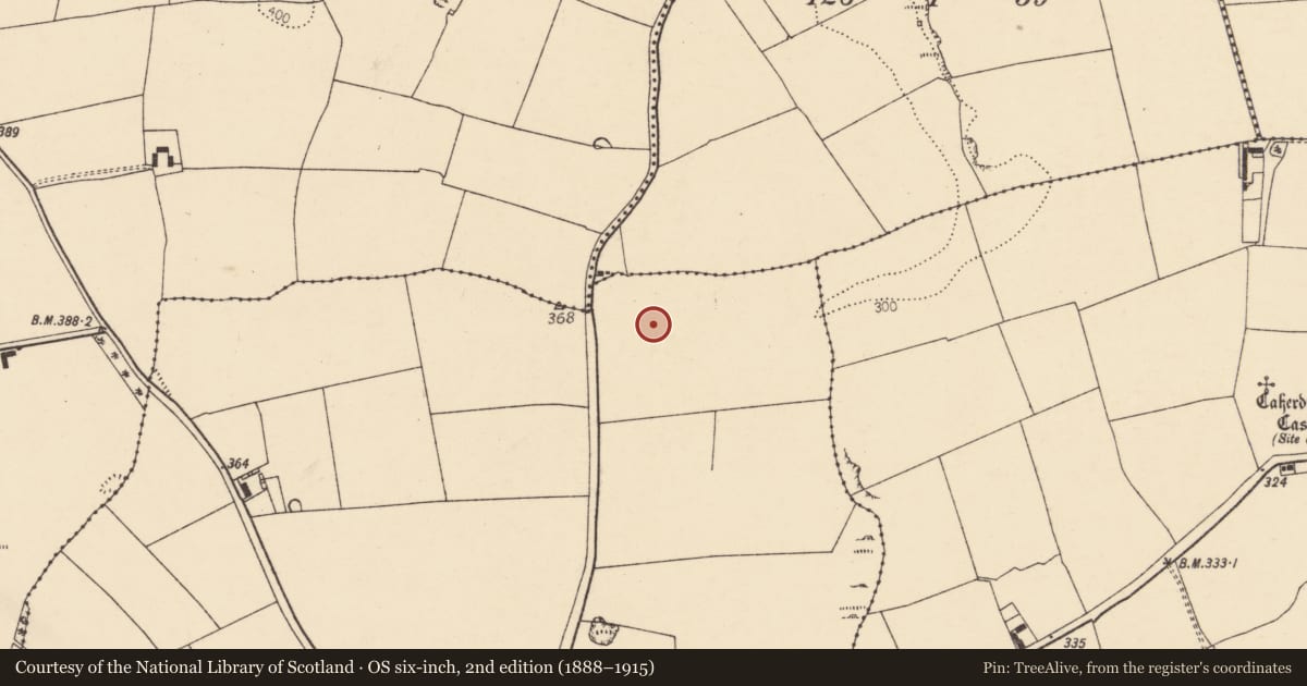 Ordnance Survey six-inch map, 2nd edition (1888–1915) covering the location of Ring-ditch, Two-Pot-House, County Cork, with a pin at the register's coordinates