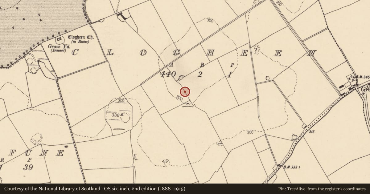 Ordnance Survey six-inch map, 2nd edition (1888–1915) covering the location of Enclosure, Clogheen, County Cork, with a pin at the register's coordinates