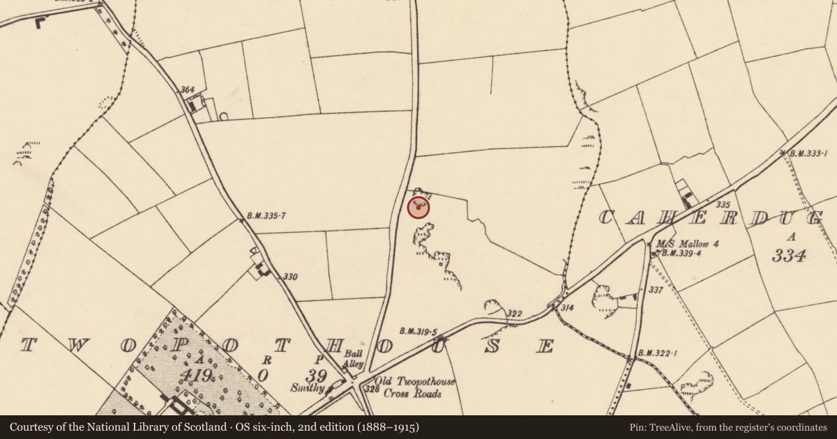 Ordnance Survey six-inch map, 2nd edition (1888–1915) covering the location of Enclosure, Two-Pot-House, County Cork, with a pin at the register's coordinates
