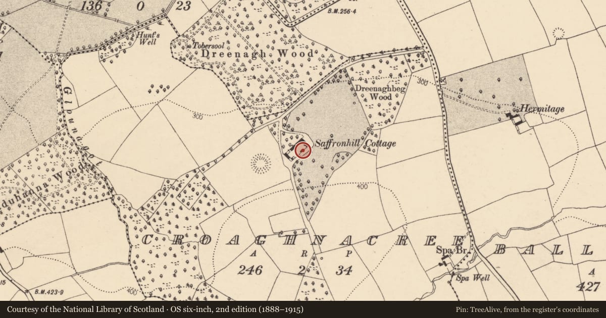 Ordnance Survey six-inch map, 2nd edition (1888–1915) covering the location of Country house, Croaghnacree, County Cork, with a pin at the register's coordinates