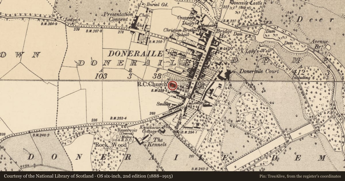 Ordnance Survey six-inch map, 2nd edition (1888–1915) covering the location of Church, Doneraile, County Cork, with a pin at the register's coordinates