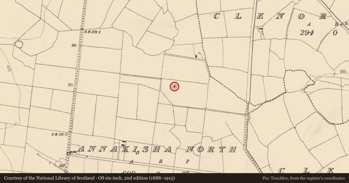 Ordnance Survey six-inch map, 2nd edition (1888–1915) covering the location of Burnt mound, Annakisha North, County Cork, with a pin at the register's coordinates