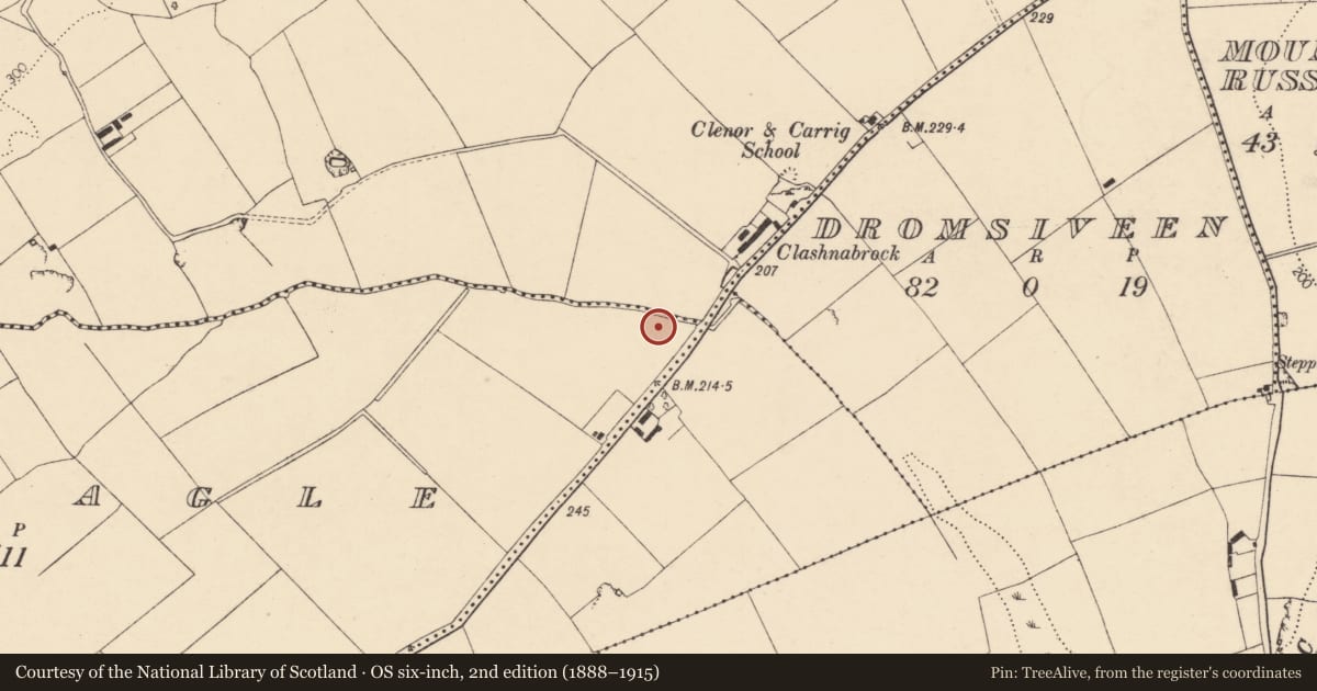 Ordnance Survey six-inch map, 2nd edition (1888–1915) covering the location of Burnt mound, Mountnagle, County Cork, with a pin at the register's coordinates