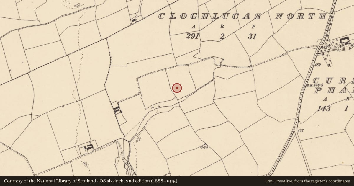Ordnance Survey six-inch map, 2nd edition (1888–1915) covering the location of Moated site, Cloghlucas North, County Cork, with a pin at the register's coordinates