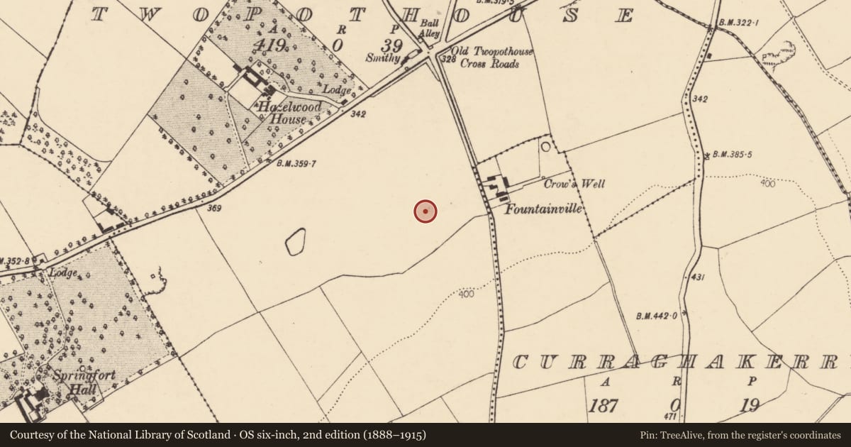 Ordnance Survey six-inch map, 2nd edition (1888–1915) covering the location of Fulacht fia, Two-Pot-House, County Cork, with a pin at the register's coordinates