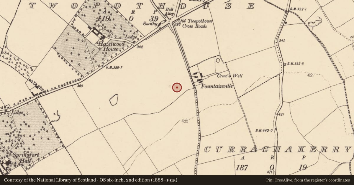 Ordnance Survey six-inch map, 2nd edition (1888–1915) covering the location of Fulacht fia, Two-Pot-House, County Cork, with a pin at the register's coordinates