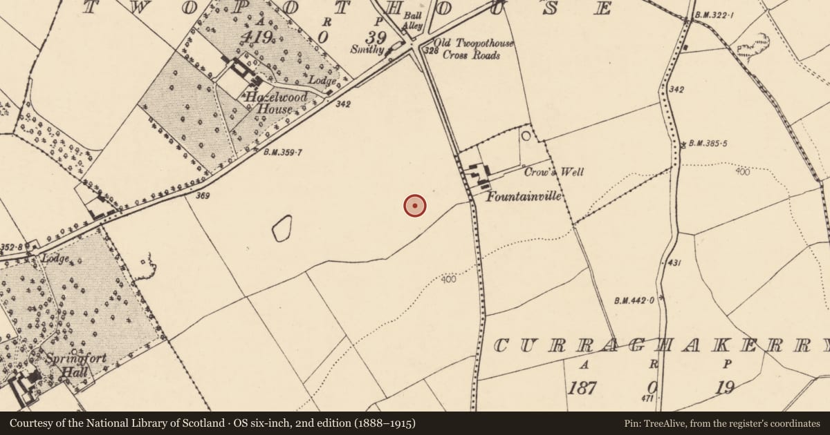 Ordnance Survey six-inch map, 2nd edition (1888–1915) covering the location of Fulacht fia, Two-Pot-House, County Cork, with a pin at the register's coordinates