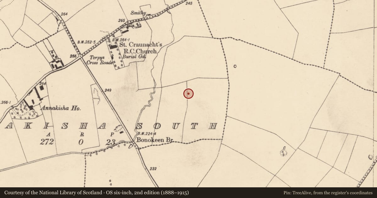 Ordnance Survey six-inch map, 2nd edition (1888–1915) covering the location of Enclosure, Annakisha South, County Cork, with a pin at the register's coordinates