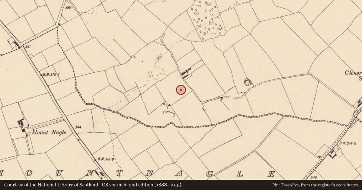 Ordnance Survey six-inch map, 2nd edition (1888–1915) covering the location of Enclosure, Cooldurragha (Fermoy By., Carrigleamleary Par.), County Cork, with a pin at the register's coordinates