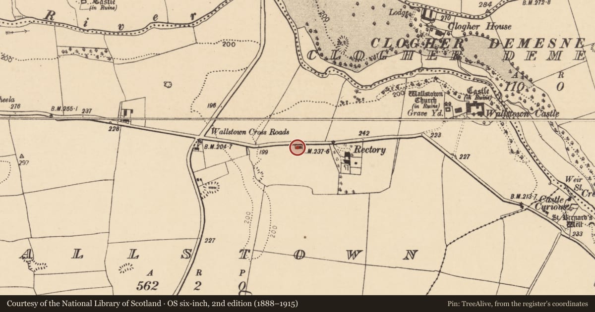 Ordnance Survey six-inch map, 2nd edition (1888–1915) covering the location of Church, Wallstown, County Cork, with a pin at the register's coordinates