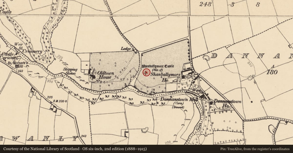 Ordnance Survey six-inch map, 2nd edition (1888–1915) covering the location of Castle - unclassified, Shanballymore Lower, County Cork, with a pin at the register's coordinates