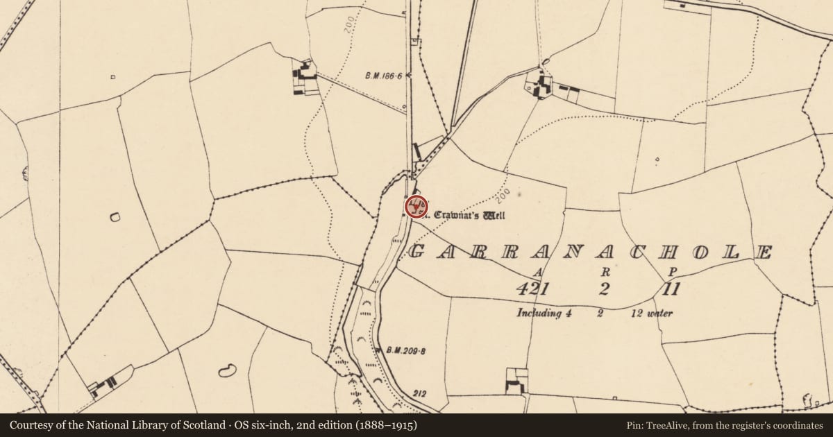 Ordnance Survey six-inch map, 2nd edition (1888–1915) covering the location of Ritual site - holy well, Garranachole, County Cork, with a pin at the register's coordinates