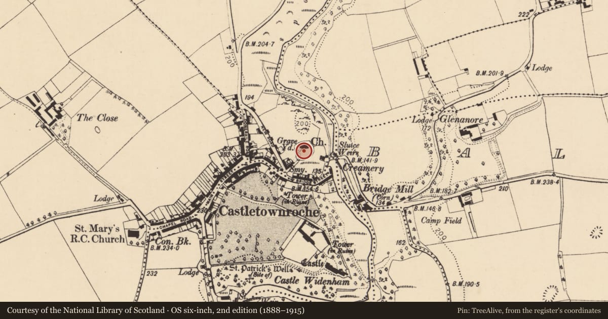 Ordnance Survey six-inch map, 2nd edition (1888–1915) covering the location of Graveyard, Sleemana, County Cork, with a pin at the register's coordinates