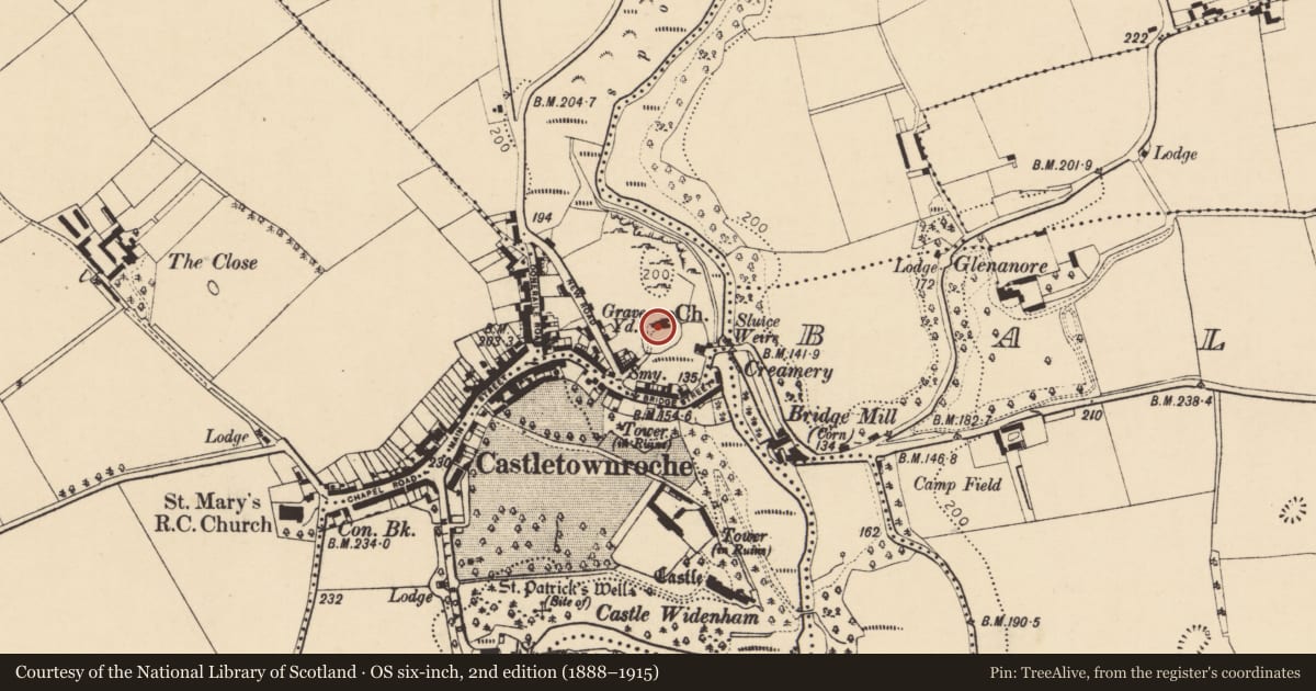 Ordnance Survey six-inch map, 2nd edition (1888–1915) covering the location of Church, Sleemana, County Cork, with a pin at the register's coordinates